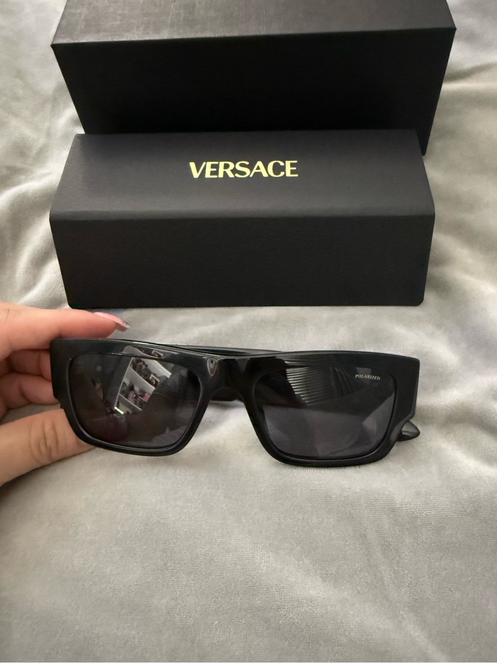 Versace Black Men's Polarized Rectangle Sunglasses
